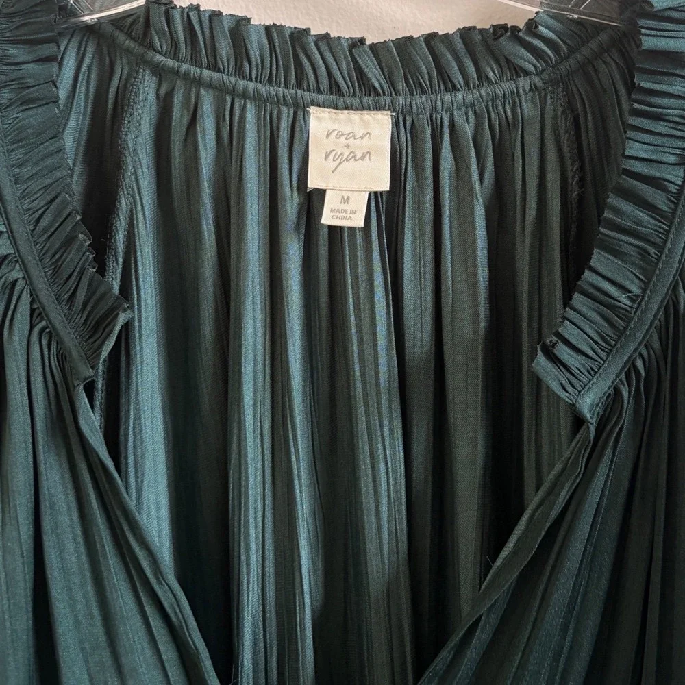 Roan + Ryan Dark Green Plissé Peasant Blouse Romantic Boho Fairy Core Top M - Picture 5 of 6